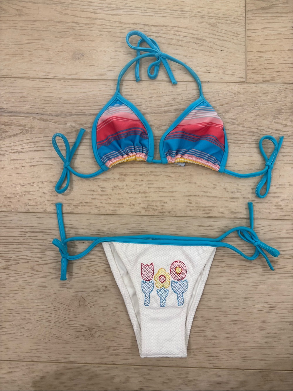 Vintage Women’s Two-Piece Blue & Multicolor Stripe Swim Set